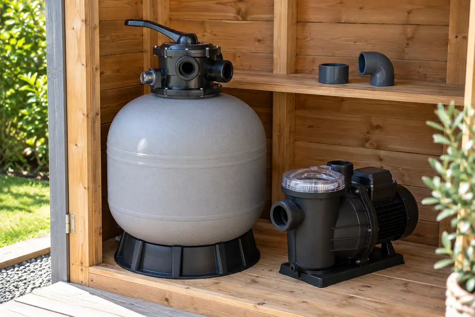 Filterkessel und separate Pumpe als Pooltechnik-Komponenten